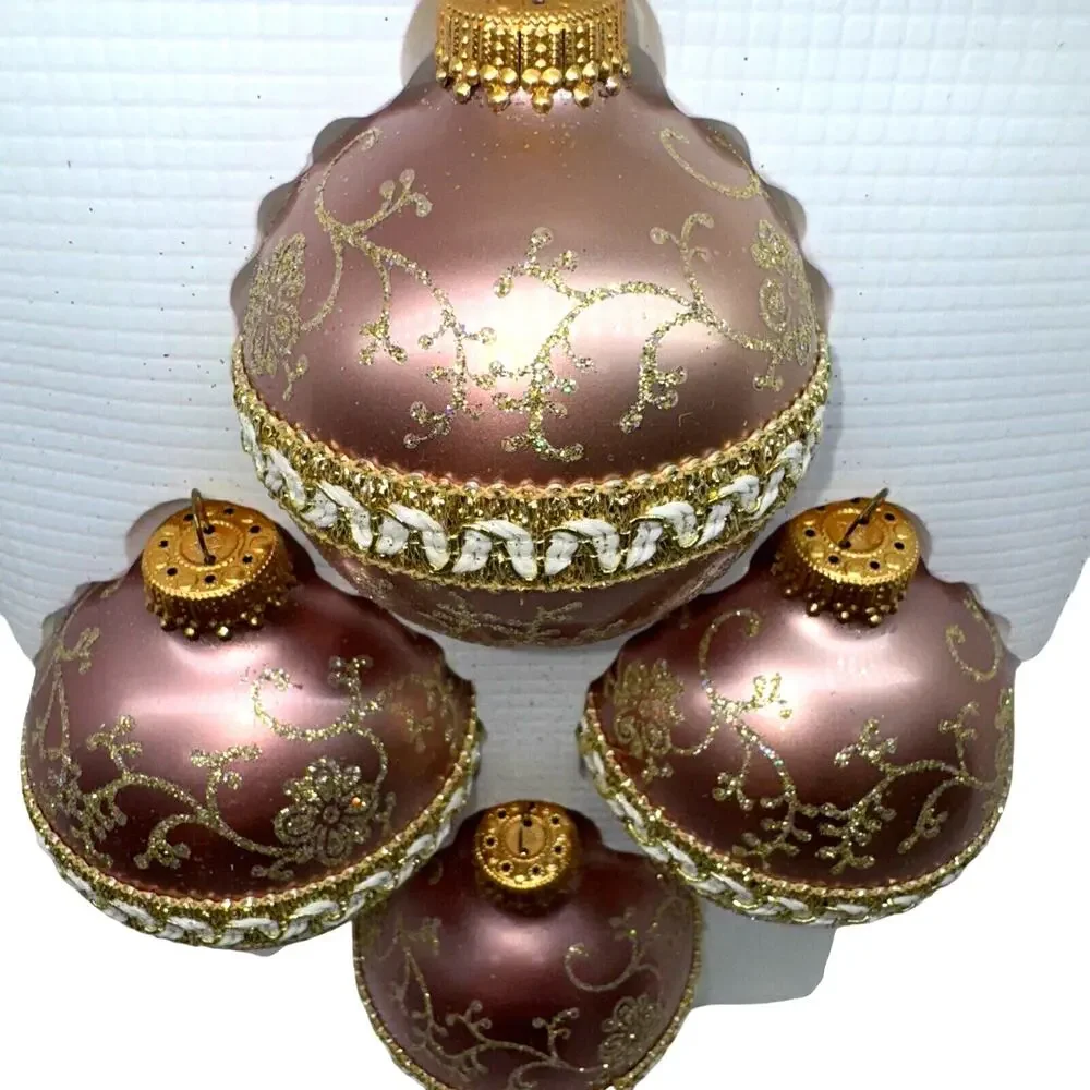 5 Vintage Dusty Antique Rose Gold Krebs‎ Glass Ball Ornament Victorian Chic 2.5